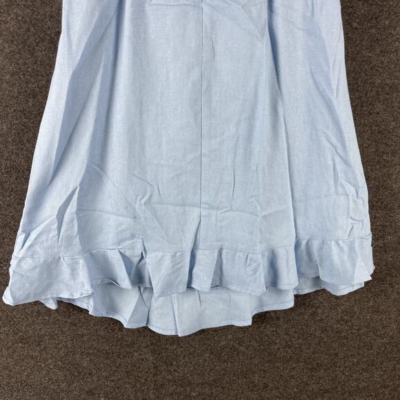 P Cill Linen Blend Mini Dress Womens Medium Blue Tie Front Ruffle Cut Out NEW - Picture 10 of 14